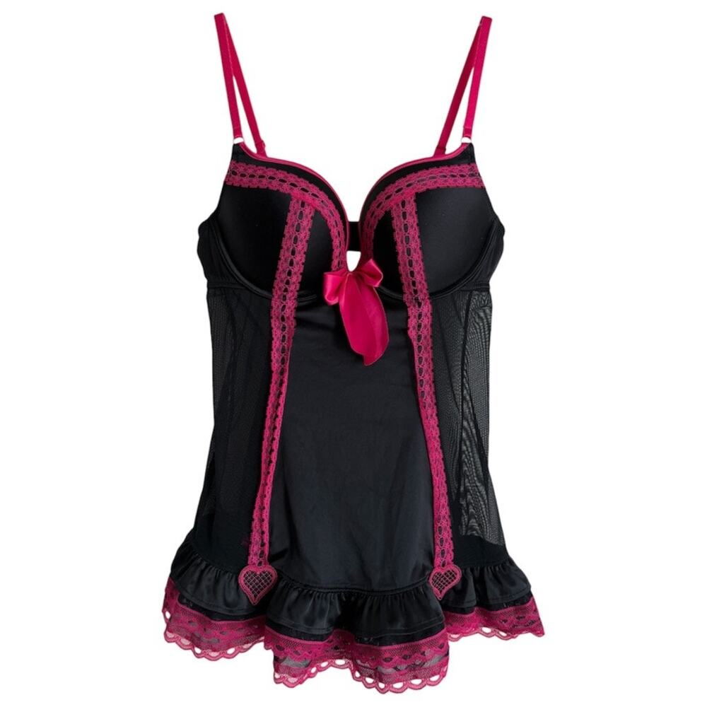 La Senza Black Satin & Mesh Hot Pink Lace Babydoll Lingerie Nightie Size Med Y2K